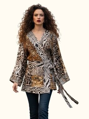 DG2 by Diane Gilman Silk Patchwork Animal Print Tunic Wrap Top Size S